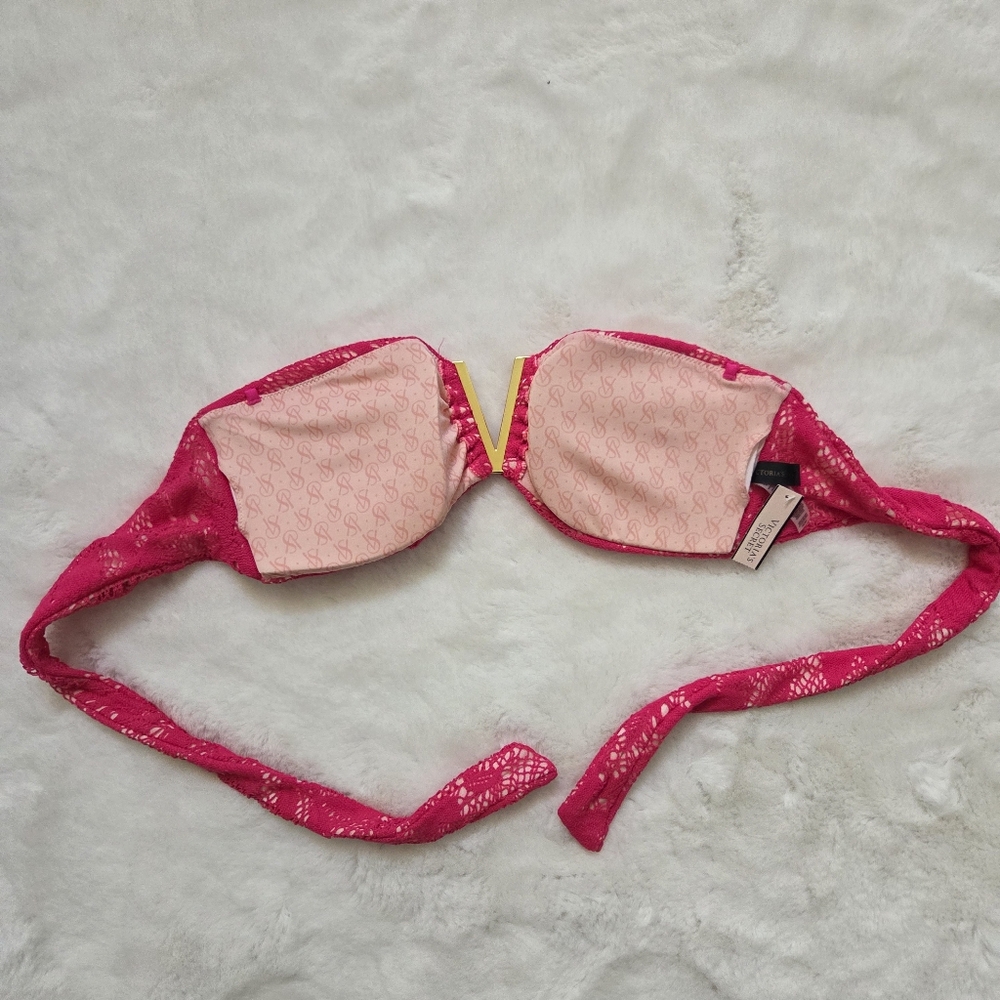 Victoria's Secret Pink Lace Bandeau bikini Top gold Tone V Front Size M - Picture 6 of 8